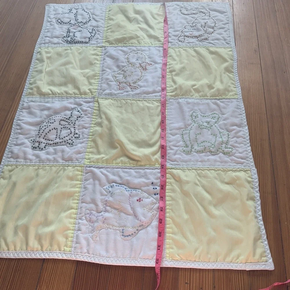 VTG Handmade Cross Stitch Baby Nursery Quilt Handmade Yellow 22x32 Dog Cat Duck